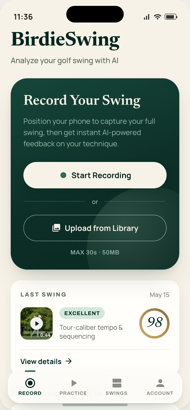 BirdieSwing home screen — record your swing and your last analysis